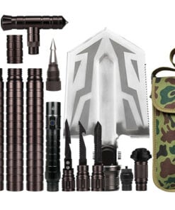 A survival multi tool set with a wide variety of tools, parts and connections displayed.