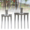 Two garden fork tool heads of differing sizes, displayed side by side.