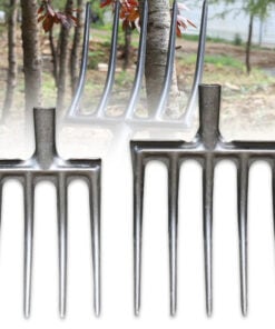 Two garden fork tool heads of differing sizes, displayed side by side.