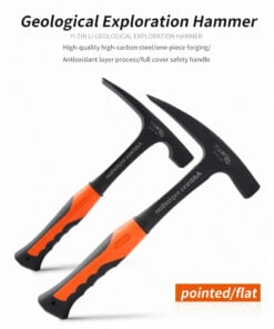 Two rock geology hammers of differing design, displayed with product information above.