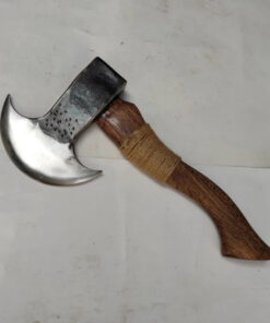 A small hand forged axe with a wooden handle.