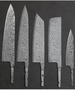 Five Damascus steel kitchen knives of differing design.
