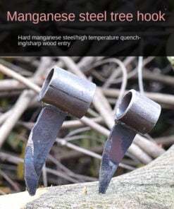 Two tree log hooks of differing size with their tips submerged into a tree limb.