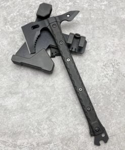 A spike tomahawk axe, displayed resting against its tactical axe sheath.