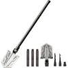A folding survival shovel withits handle tube sections and survival tool parts displayed below.