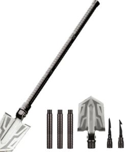 A folding survival shovel withits handle tube sections and survival tool parts displayed below.