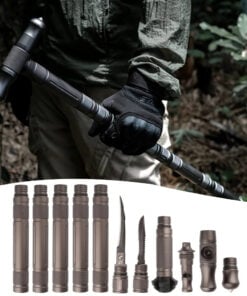 A man holding a survival walking stick multi tool, with all of the individual parts of the survival staff displayed below.