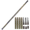 A camouflage tactical stick, with its handle tubes and survival tool parts displayed below.