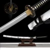 A sheathed Japanese Katana displayed on a small wooden sword stand, along with sword highlights above.