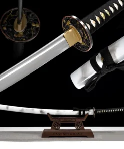 A sheathed Japanese Katana displayed on a small wooden sword stand, along with sword highlights above.