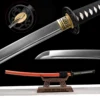 A sheathed Japanese Samurai Katana displayed on a small wooden sword stand, along with sword highlights above.