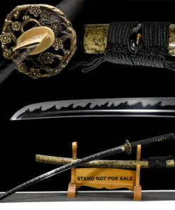 A decorative 1060 steel sword and its scabbard displayed on a small wooden stand, with Katana highlights above.