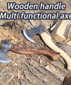 Two bushcraft hatchets displayed side-by-side against a tree stump background.