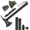 A multifunctional survival hatchet displayed next to its handle connection rods, knife and axe sheath.