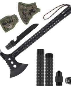 A multifunctional survival hatchet displayed next to its handle connection rods, knife and axe sheath.
