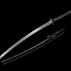 A black Katana sword displayed next to its scabbard.