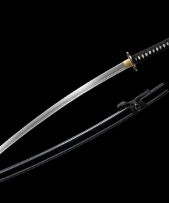 A black Katana sword displayed next to its scabbard.