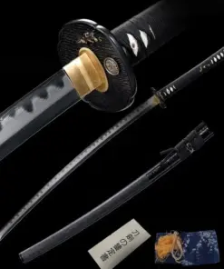 A Honsanmai Katana sword saber, displayed next to its black scabbard, certification and sword bag, along with a sword highlight above.