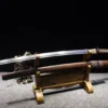A Katana brownwood, displayed next to its wooden scabbard, on a small wood sword-stand.