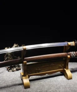 A Katana brownwood, displayed next to its wooden scabbard, on a small wood sword-stand.