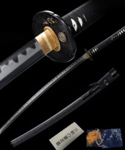 A folded steel Katana displayed next to its black scabbard, certification and sword bag, along with a sword highlight above.