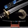 A sheathed Japanese Samurai Katana displayed on a small wooden sword stand, along with sword highlights above.