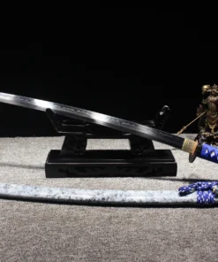 A sky blue Katana leaning against a small wooden sword stand, with its scabbard lying below on the floor.
