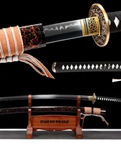 A Japanese Samurai Katana and its scabbard displayed on a wooden sword stand.