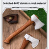 A small stainless steel hatchet with a wooden handle, displayed next to another small hatchet and its leather sheath.