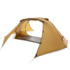 A brown colored one man tent with both of its door entries opened.