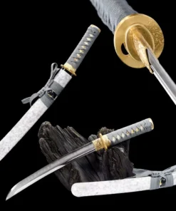 A 1095 steel knife Tanto, displayed leaning against a small wood log, with iits sheath below, and the same Tanto knife shown sheathed above.