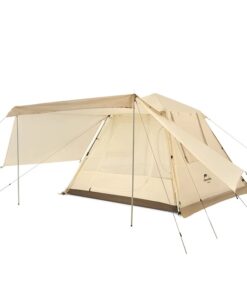A light khaki colored 4 man tent displayed erected, with its fron awning opened wide.