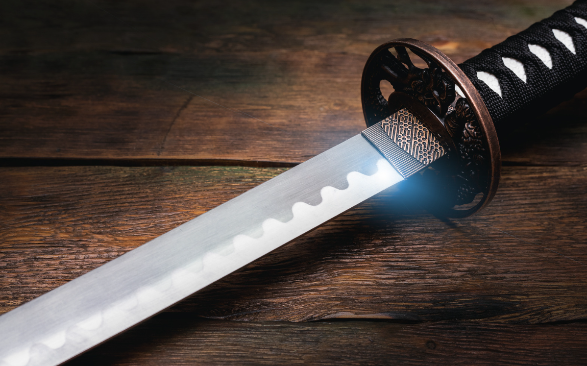 A close up of a sword