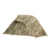 A one man, camouflage tent displayed erected.
