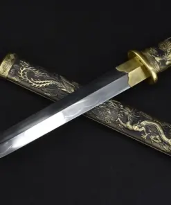 A Chinese dagger knife, displayed crossed against its decorative sheath.