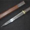 A dagger sword with a straight, double edged blade, displayed next to its wooden sheath.