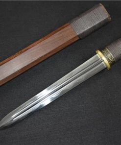 A dagger sword with a straight, double edged blade, displayed next to its wooden sheath.