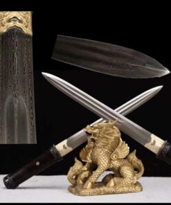 Two double edged daggers leaning against a small Chinese dragon statue, along with knife highlights above.