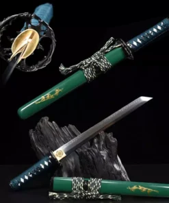 A Japanese Samurai knife Tanto displayed next to its sheath, leaning against a small wood log, along with the same Tanto knife shown sheathed above.