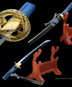 A Japanese Tanto knife leaning against a wooden stand, with its scabbard below on the floor, along with the same Tanto sheathed and a sword highlight above.