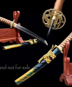 A sheathed Japanese Tanto knife leaning against a wooden stand, along with the same knife displayed in the background with its sheath below on the floor.
