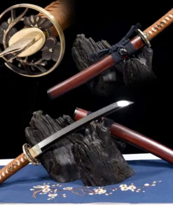 A Japanese Tanto knife and its wooden scabbard leaning against a small wood log, along with knife highlights above.