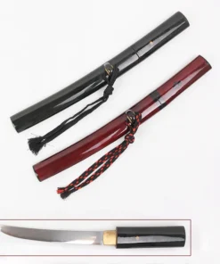 Two sheathed Tanto knives of differing colors, along with an unsheathed Japanese tanto knife below.