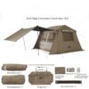 A brown colored, 4 person cabin tent with its front awning diplayed erected, along with a full tent contents list compiled below.