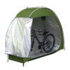 A green colored bike storage tent displayed with its door opened, with a bicycle inside the tent.