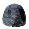 A camo pop up tent displayed erected with its door and one window opened.