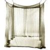A large army green colored, camping mosquito net displayed hanging.