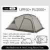 A 2 person camping tent displayed erected with all doors & windows closed, along with product information and tent diagrams below.