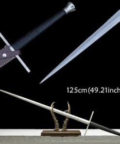 A European longsword displayed leaning against a deer antler sword stand, along with sword highlights above.