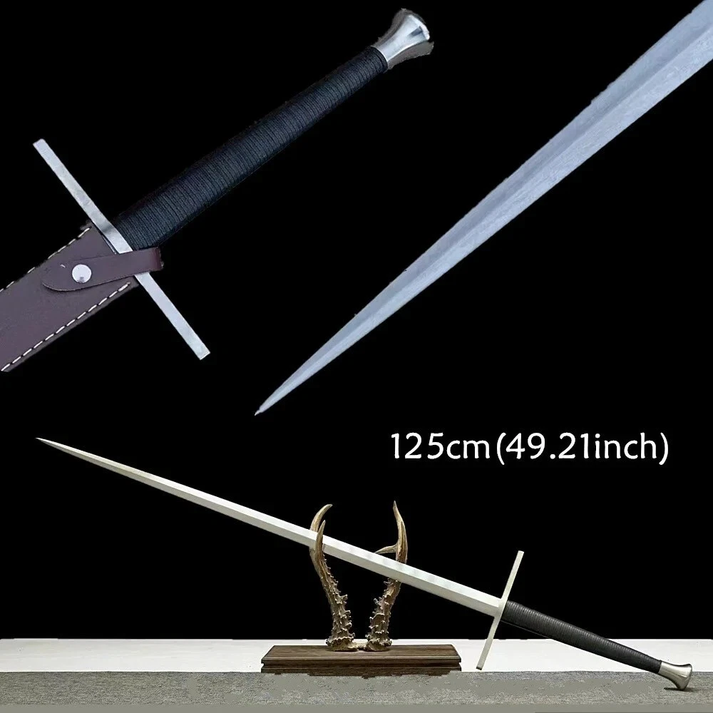 European Longsword A European longsword displayed leaning against a deer antler sword stand, along with sword highlights above.